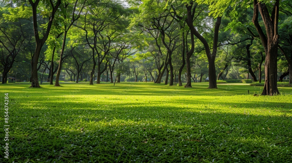 Green tree forest in city public park with green meadow grass nature landscape Green tree forest in city public park with green meadow grass nature landscape
