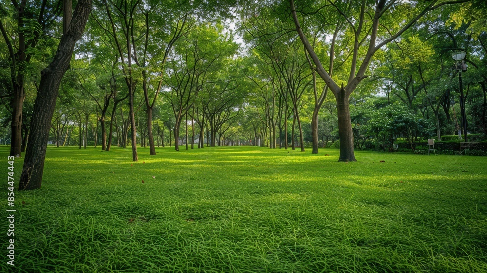 Green tree forest in city public park with green meadow grass nature landscape Green tree forest in city public park with green meadow grass nature landscape