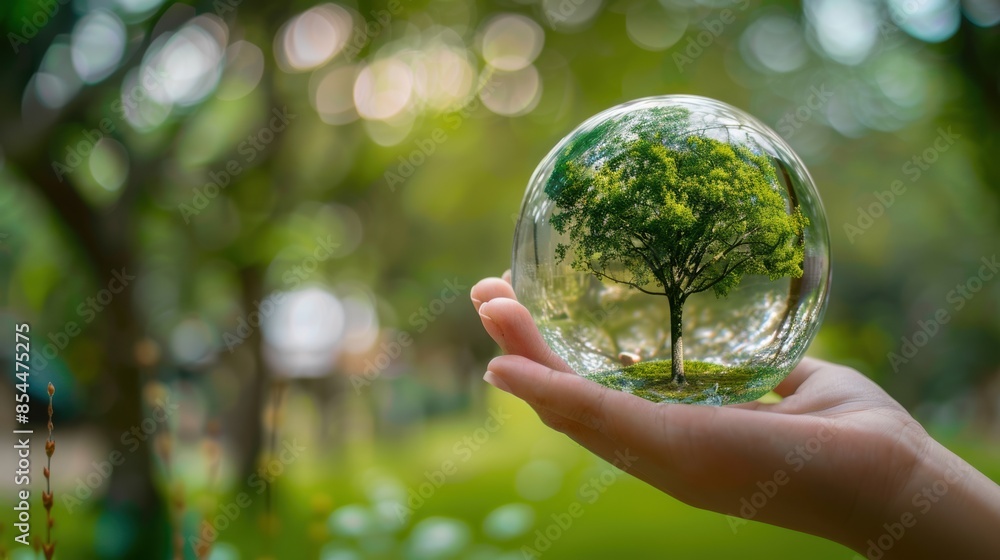 Hand holding glass globe ball with tree growing and green nature blur background Hand holding glass globe ball with tree growing and green nature blur background
