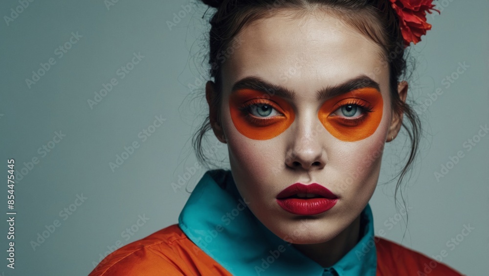 A woman with bright orange eye makeup and red lipstick poses against a blue background, old film style A woman with bright orange eye makeup and red lipstick poses against a blue background, old film style