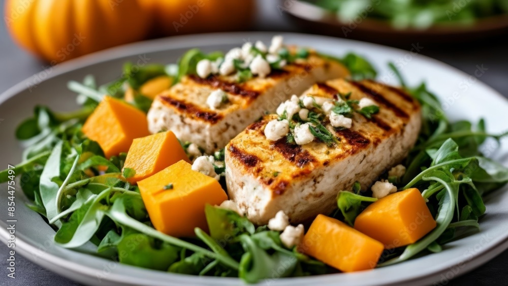 Deliciously grilled tofu skewers on a bed of fresh greens and vibrant squash Deliciously grilled tofu skewers on a bed of fresh greens and vibrant squash