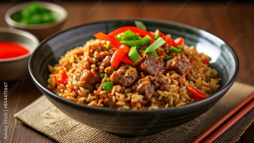 Delicious Asianinspired dish with beef and vegetables on a wooden table Delicious Asianinspired dish with beef and vegetables on a wooden table