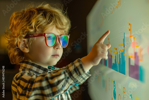 Child pretending to be a businessman, pointing to a rising chart bar, representing imagination, ideas, and success concepts related to education