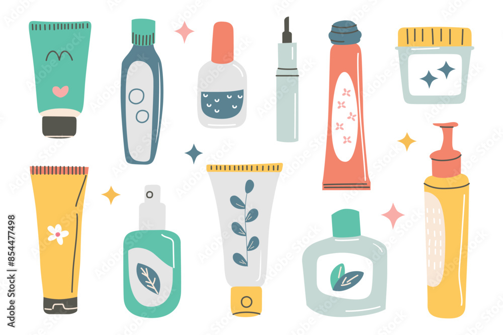 Vector illustration set of cosmetic tubes, bottles, and containers. Skincare products collection, lotions, creams, and gels in cute cartoon style. Beauty, hygiene, self-care, and wellness concepts Vector illustration set of cosmetic tubes, bottles, and containers. Skincare products collection, lotions, creams, and gels in cute cartoon style. Beauty, hygiene, self-care, and wellness concepts