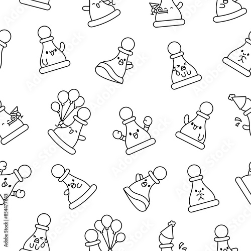 Cute chess pawn with happy face. Seamless pattern. Coloring Page. Cartoon kawaii character. Hand drawn style. Vector drawing. Design ornaments.