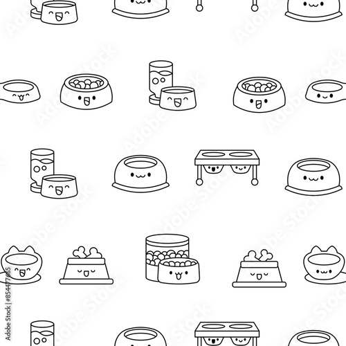 Pets bowl with happy face. Seamless pattern. Coloring Page. Food for cats and dogs. Cartoon kawaii character. Hand drawn style. Vector drawing.