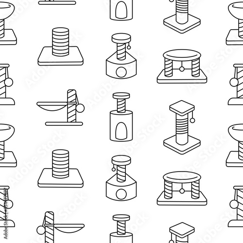 Scratching post for home cats. Seamless pattern. Coloring Page. Kitty houses and furniture. Veterinary shop merchandise. Hand drawn style. Vector drawing. Design ornaments.