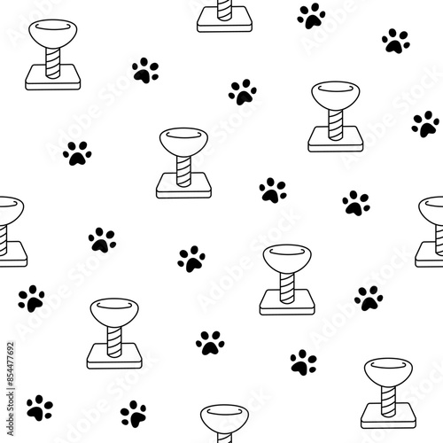 Scratching post for home cats. Seamless pattern. Coloring Page. Kitty houses and furniture. Veterinary shop merchandise. Hand drawn style. Vector drawing. Design ornaments.