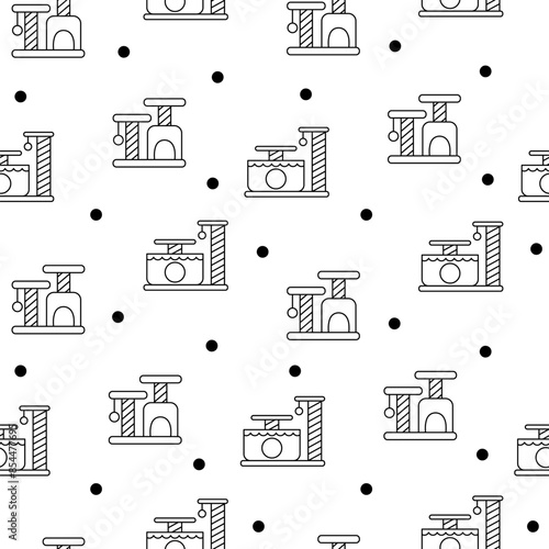 Scratching post for home cats. Seamless pattern. Coloring Page. Kitty houses and furniture. Veterinary shop merchandise. Hand drawn style. Vector drawing. Design ornaments.