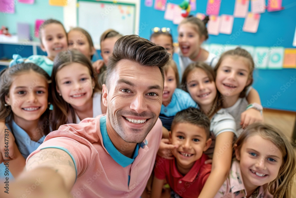 Diverse multiracial high school erasmus students posing with teacher in a classroom. Teacher holds the camera for a selfie, and everyone is smiling, positive and inclusive learning environment. Diverse multiracial high school erasmus students posing with teacher in a classroom. Teacher holds the camera for a selfie, and everyone is smiling, positive and inclusive learning environment.