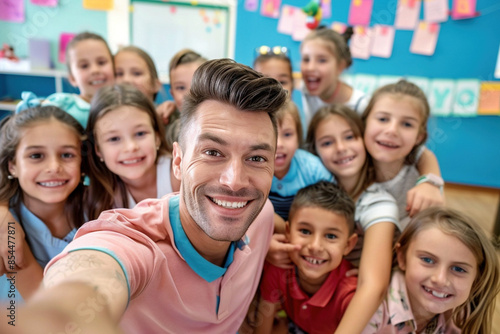 Diverse multiracial high school erasmus students posing with teacher in a classroom. Teacher holds the camera for a selfie, and everyone is smiling, positive and inclusive learning environment.