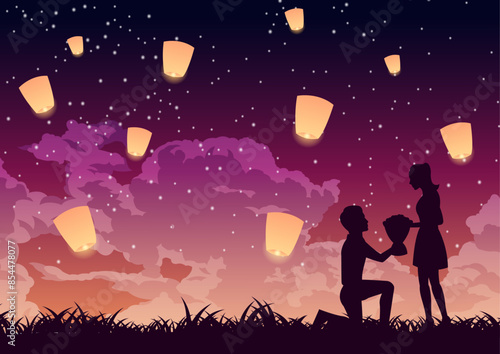 man sit and send flower to his girl,lantern above,concept art,vector illustration