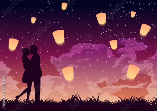 couple hug together and kiss around in stars night,lantern above,concept art,vector illustration
