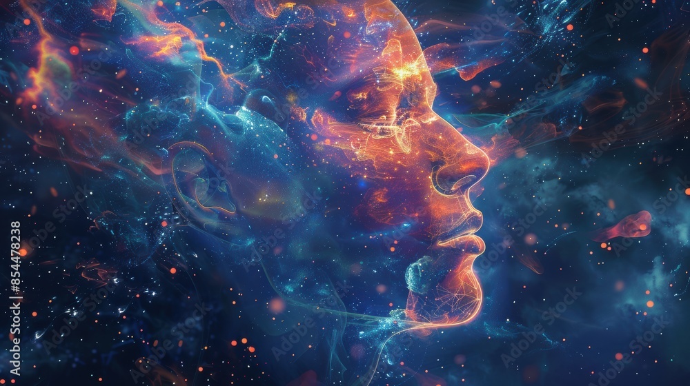 Illustration of a translucent head with closed eyes and the universe as the esoteric state of mind Illustration of a translucent head with closed eyes and the universe as the esoteric state of mind
