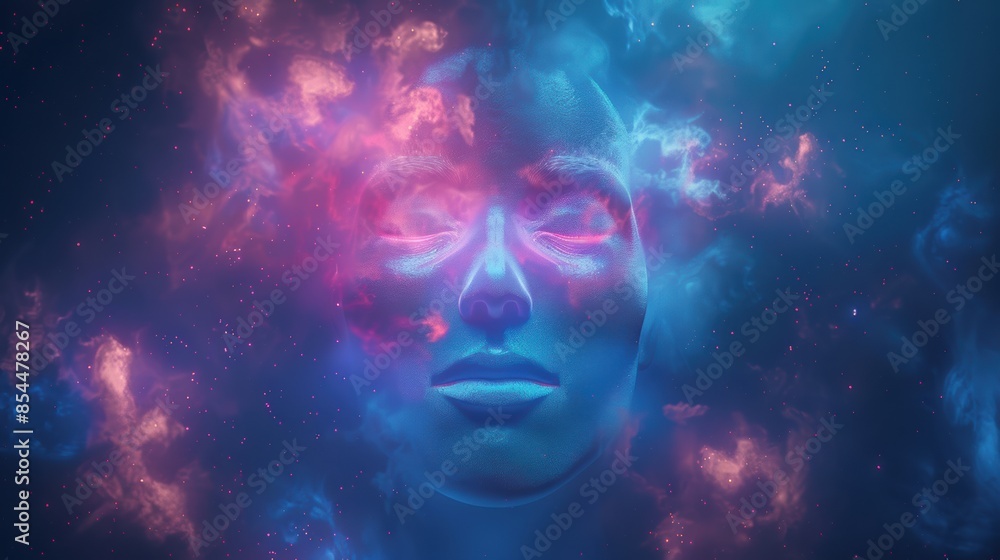 Illustration of a translucent head with closed eyes and the universe as the esoteric state of mind Illustration of a translucent head with closed eyes and the universe as the esoteric state of mind