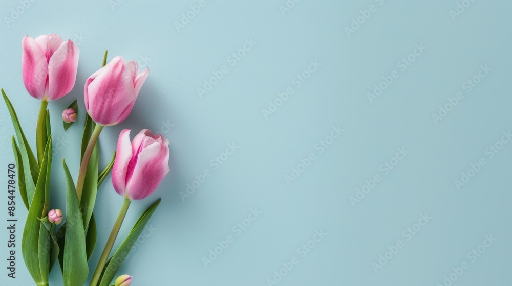Fototapeta premium Pink Tulips on a Blue Background
