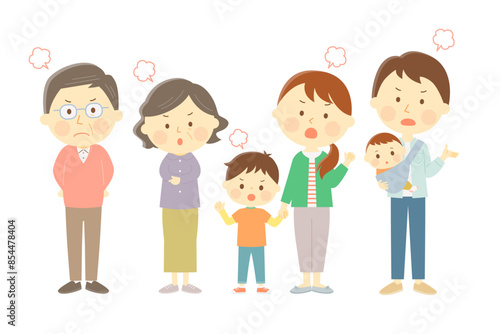 怒り顔の三世代家族のイラスト