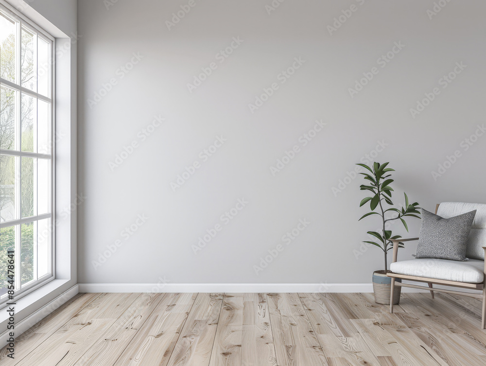 Fototapeta premium Living room designer composition in light grey color with a window projecting light on it and with minimal furniture arrangements. Residential interiors design composition with copy space.