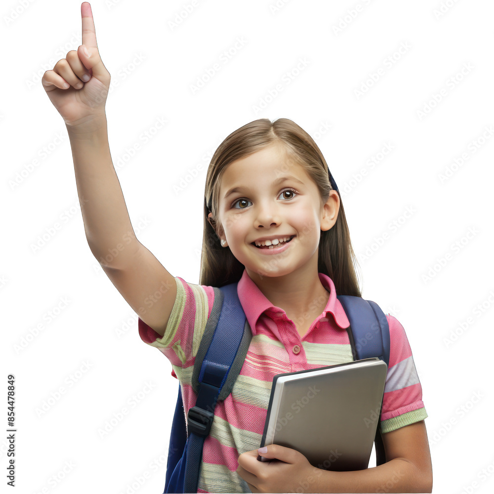 girl student with backpack and books rising finger. png girl student with backpack and books rising finger. png