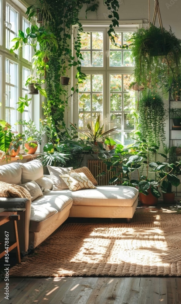 Fototapeta premium A serene Zen-inspired living room featuring bamboo plants, with natural light diffusing through sheer curtains, creating a peaceful and harmonious space