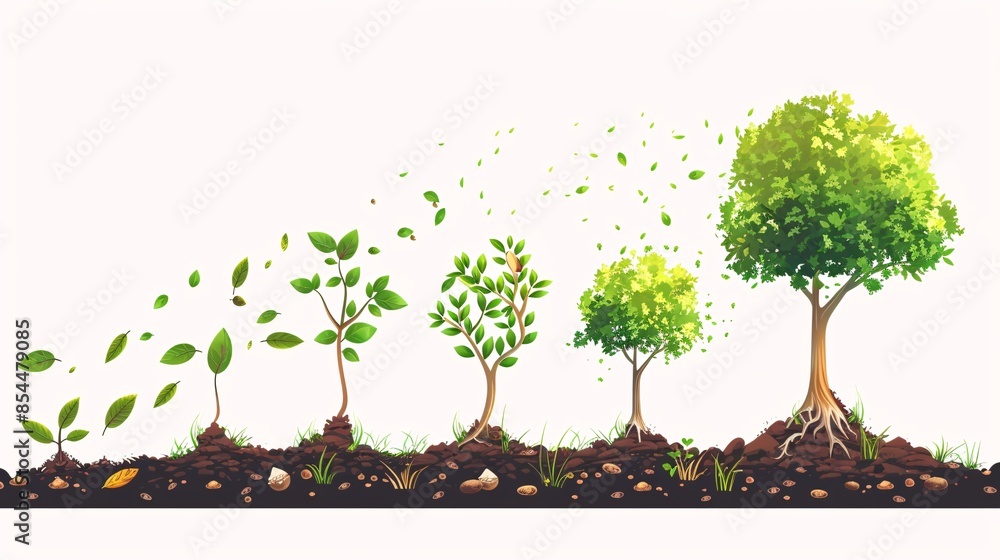 A vector infographic illustrating the lifecycle of a tree, featuring ...