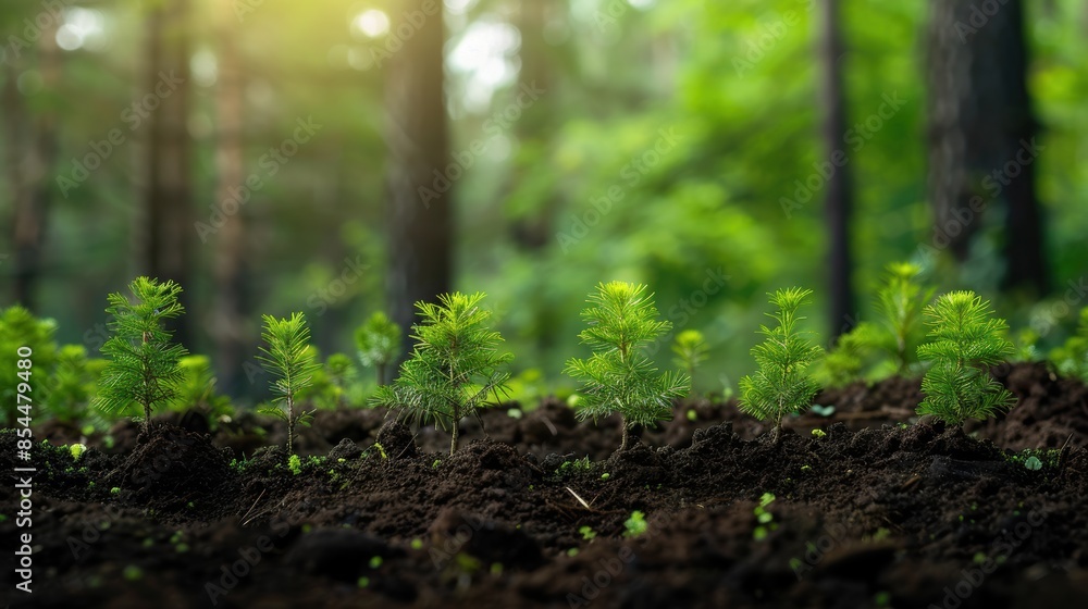 Panorama of small trees planted with sunrise Green world Panorama of small trees planted with sunrise Green world