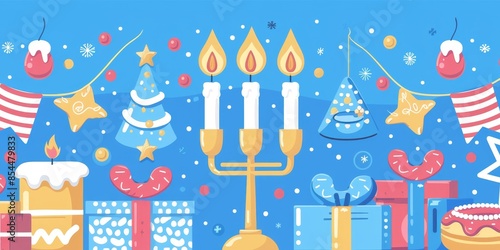 Happy Hanukkah Greeting Card Design with Flat Lay Menorah, Gift Boxes, Candles, and Jelly Donuts on Blue Background. Suitable for Birthday Gifts, Celebrations, New Year, National Holidays, Presidentia photo