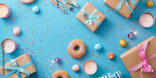 Happy Hanukkah Greeting Card Design with Flat Lay Menorah, Gift Boxes, Candles, and Jelly Donuts on Blue Background. Suitable for Birthday Gifts, Celebrations, New Year, National Holidays, Presidentia photo