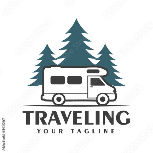Traveling Logo Design with Camper Van and Pine Tree Icon