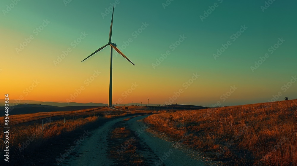 A wind turbine silhouetted against a clear sky. Wind, Turbine, Silhouette, Clear, Sky, Renewable, Energy, Green, Technology, Scenic. A wind turbine silhouetted against a clear sky. Wind, Turbine, Silhouette, Clear, Sky, Renewable, Energy, Green, Technology, Scenic.