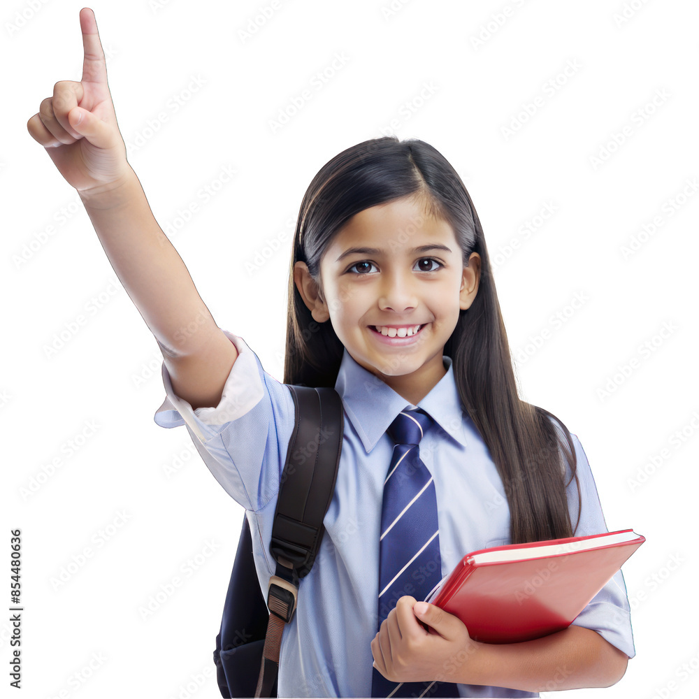 girl student with backpack and books rising finger. png girl student with backpack and books rising finger. png