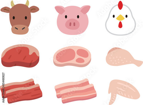 シンプルな食肉と動物のイラストセット。鶏肉、豚肉、牛肉