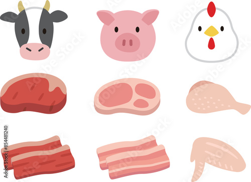 シンプルな食肉と動物のイラストセット。鶏肉、豚肉、牛肉