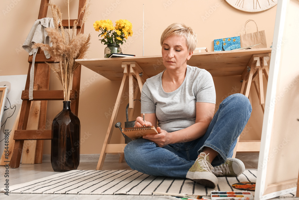 Mature female artist drawing sketch in workshop Mature female artist drawing sketch in workshop