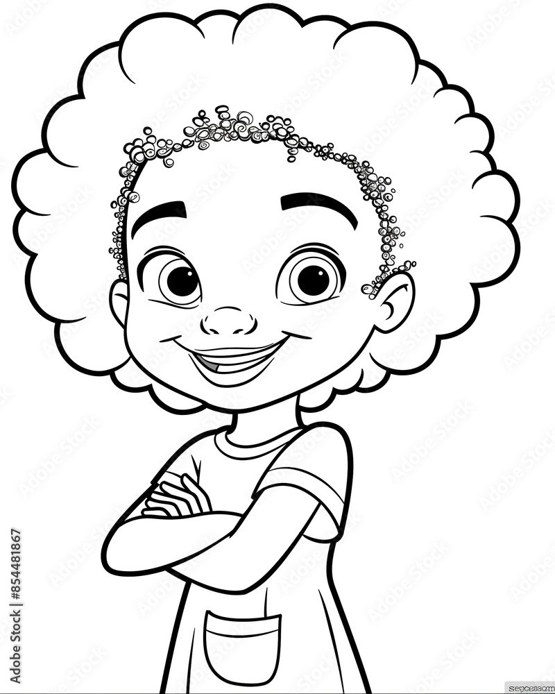 A young girl with a big afro is smiling and looking at the camera. She is wearing a white shirt and a dress with a pocket A young girl with a big afro is smiling and looking at the camera. She is wearing a white shirt and a dress with a pocket