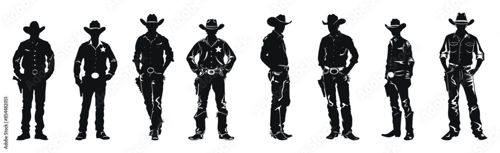 Cowboy silhouettes collection vector black and white illustration. Standing cowboys in different poses with hats and boots Cowboy silhouettes collection vector black and white illustration. Standing cowboys in different poses with hats and boots