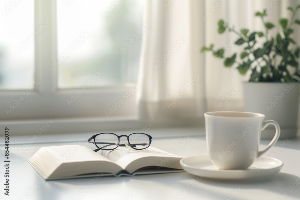 An open book with reading glasses on top, accompanied by a cup of coffee on a white saucer, sits on a bright table near a window