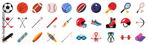 Sports equipment icons in flat vector cartoon illustration. Soccer ball, basketball, tennis racket, football helmet, snowboard, ski boots, running shoes.