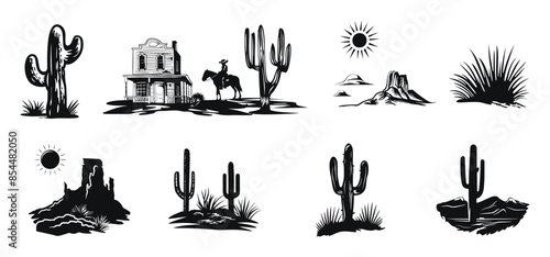 Desert landscapes and elements vector black and white illustration. cacti, mountains, and sun in wild west style.
