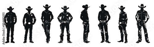 Cowboy silhouettes collection vector black and white illustration. Standing cowboys in different poses with hats and boots