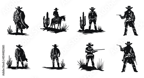 Cowboy and desert scenes vector black and white illustration. Wild west characters and landscapes silhouettes.