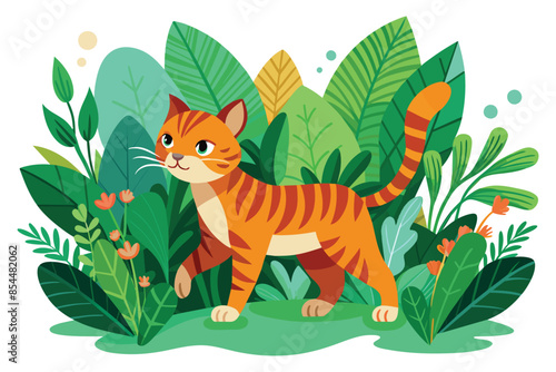 Playful orange striped kitten in a lush green jungle, adventurous cat exploring garden vector cartoon illustration.