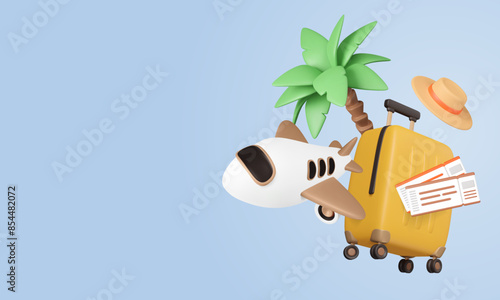 Travel concept banner with 3d elements. Plane render, luggage, palm tree, journey tickets and straw hat in flying composition. Tropical vacation background with copy space. Vector illustration.