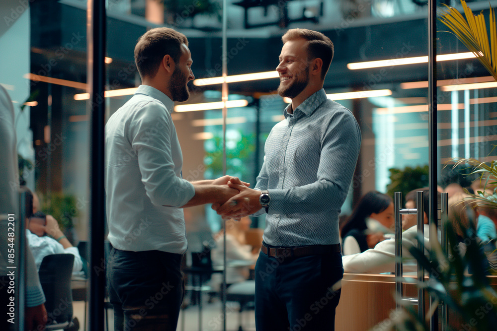 Happy successful businessmen handshake, make commercial deal, beginning of partnership in office with glass partitions Happy successful businessmen handshake, make commercial deal, beginning of partnership in office with glass partitions