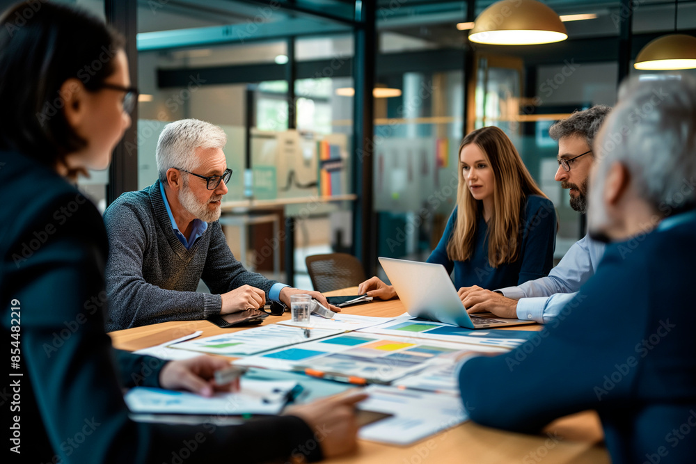 Colleagues collaborate in a boardroom, sharing ideas projects, focusing on project management Colleagues collaborate in a boardroom, sharing ideas projects, focusing on project management