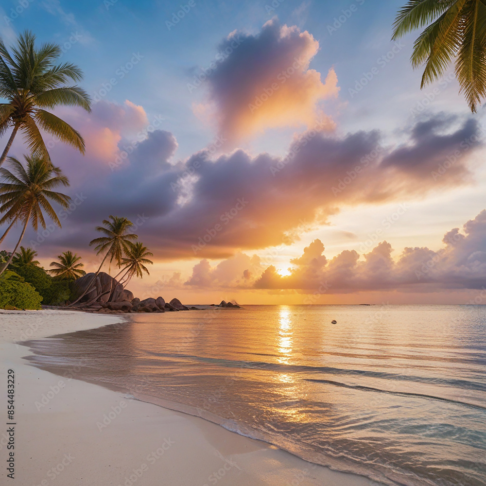 Fototapeta premium sunset sky on exotic tropical beach in Seychelles