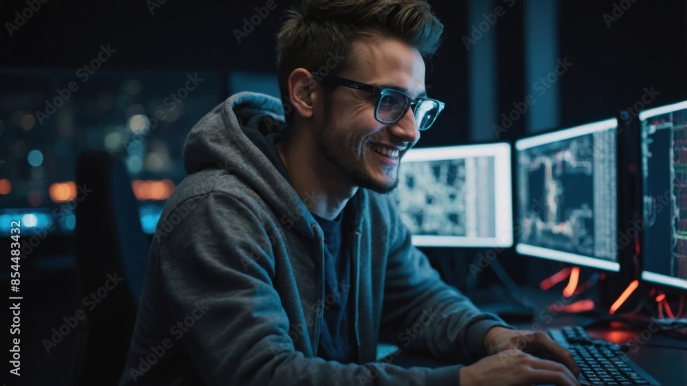 A young software engineer working on his computer. He is happy, wearing a casual outfit and glasses. A young software engineer working on his computer. He is happy, wearing a casual outfit and glasses.