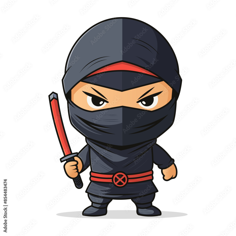 Obraz premium Cute Ninja Fighter Holding Katana Sword Cartoon