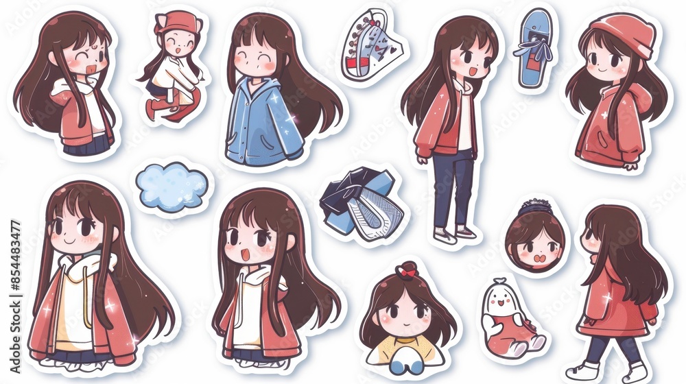 A collection of stickers featuring a cute cartoon girl in various outfits and poses, against a white background. A collection of stickers featuring a cute cartoon girl in various outfits and poses, against a white background.