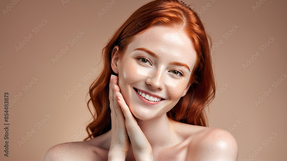 Fototapeta premium Woman smiling while touching her flawless glowy skin with copy space for your advertisement, skincare 